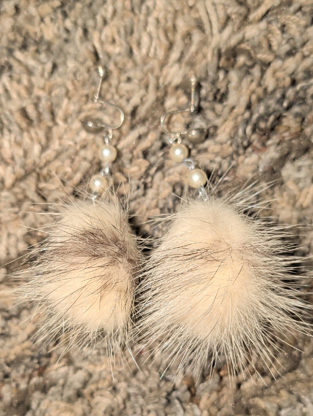 Mid Century Faux Pearl Accent Mink Fur Pom Drop Earrings